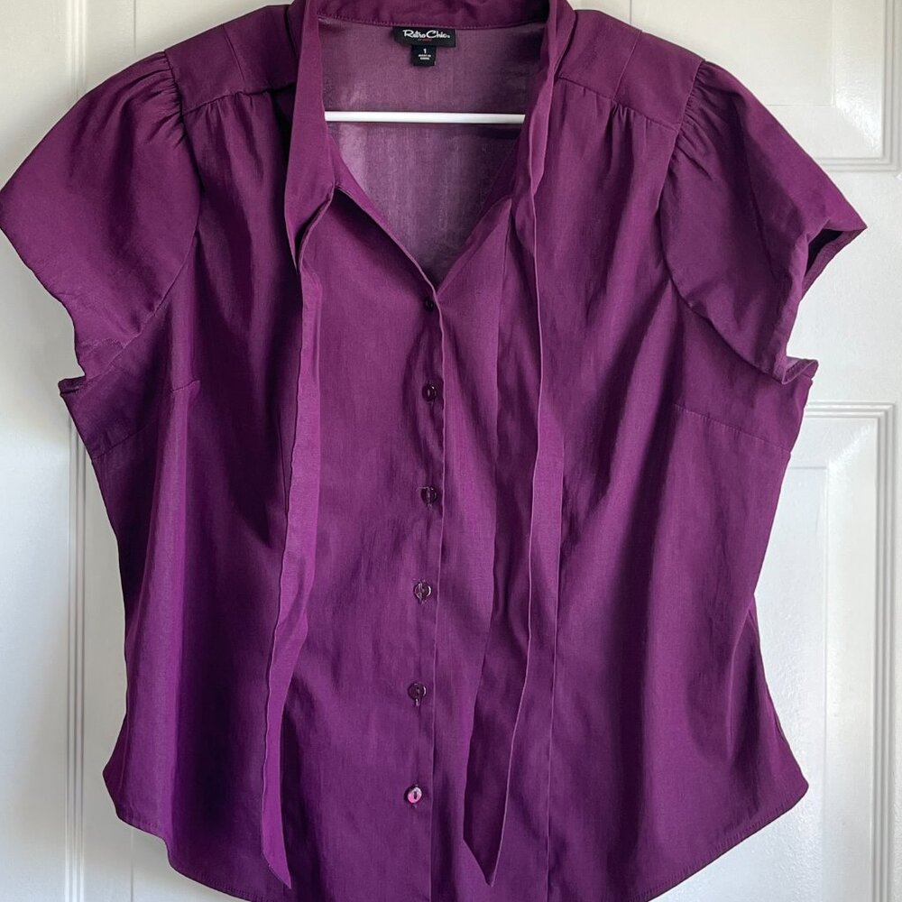 Retro Chic by Torrid Tie Neck Button Down Purple Short Sleeve Dress Shirt Size 1 - Picture 5 of 9